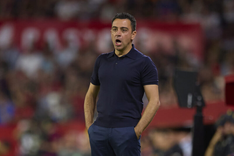 SEVILLE, SPAIN - MAY 26: Xavi, Head Coach of FC Barcelona, looks on during the LaLiga EA Sports match between Sevilla FC and FC Barcelona at Estadio Ramon Sanchez Pizjuan on May 26, 2024 in Seville, Spain. (Photo by Fran Santiago/Getty Images)