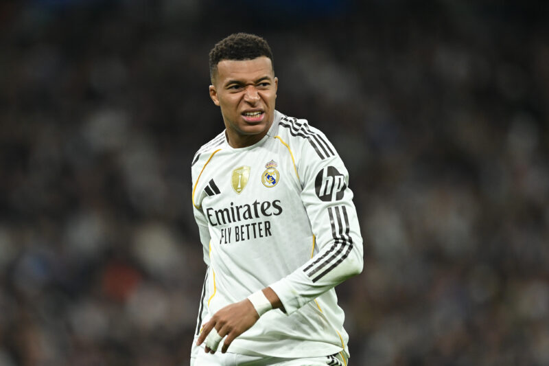 MADRID, SPAIN - DECEMBER 07: Kylian Mbappe of Real Madrid reacts during the LaLiga EA Sports match between Real Madrid CF and RC Celta de Vigo at Estadio Santiago Bernabeu on December 07, 2025 in Madrid, Spain. (Photo by Denis Doyle/Getty Images)